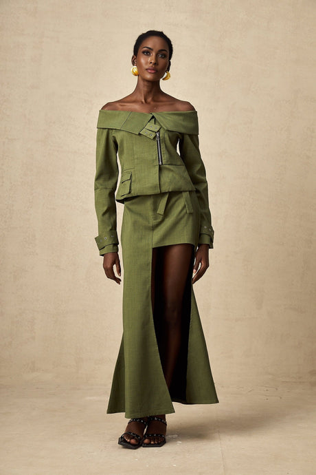 Mattea Jacket & Skirt Green Asymmetric Matching Set