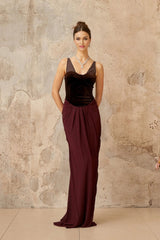 Mattea Maxi Dress Burgundy & Brown Color Blocked Velvet Panel Shirred Boned Cone Back