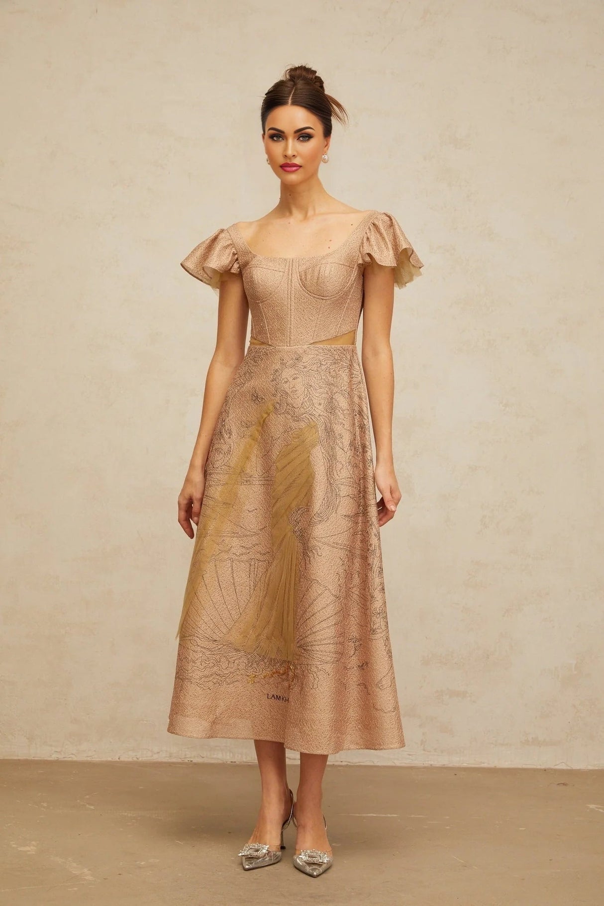 Mattea Midi Dress Khaki Graphic - Print Flared Sequin & Tulle