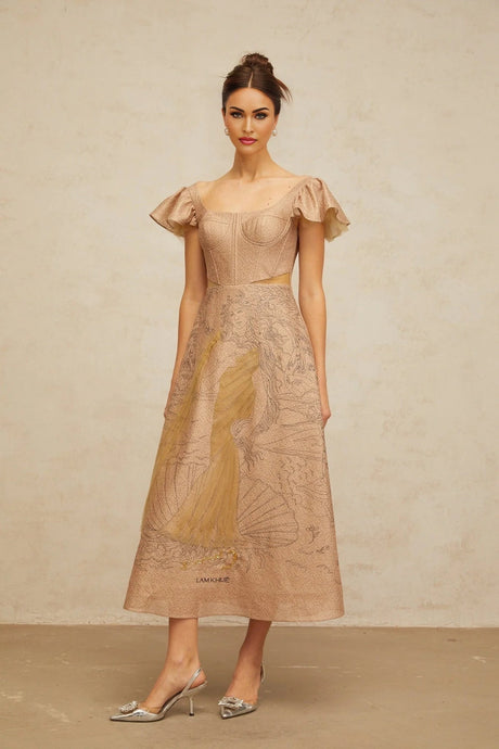 Mattea Midi Dress Khaki Graphic - Print Flared Sequin & Tulle