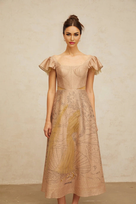 Mattea Midi Dress Khaki Graphic - Print Flared Sequin & Tulle