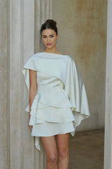 Mattea Mini Dress White Satin Ruffled Shawl Panel Open Back & Thigh - Length