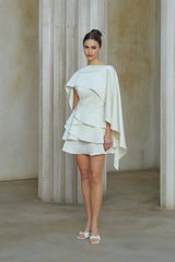 Mattea Mini Dress White Satin Ruffled Shawl Panel Open Back & Thigh - Length