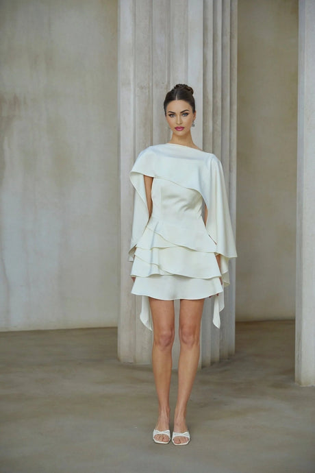 Mattea Mini Dress White Satin Ruffled Shawl Panel Open Back & Thigh - Length