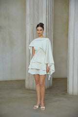 Mattea Mini Dress White Satin Ruffled Shawl Panel Open Back & Thigh - Length