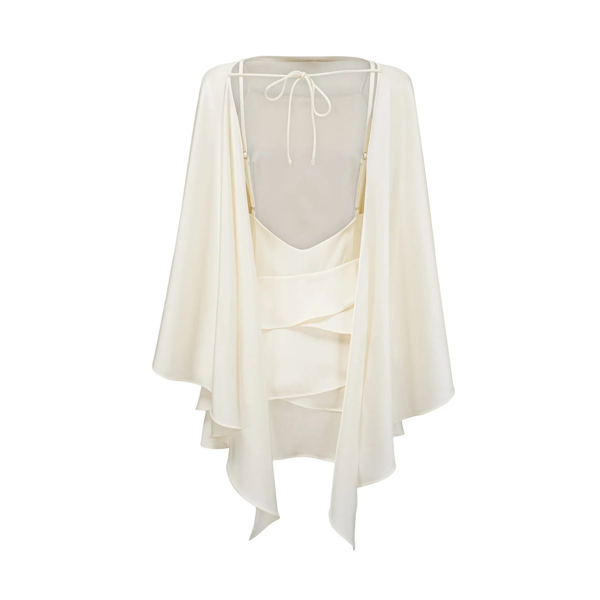 Mattea Mini Dress White Satin Ruffled Shawl Panel Open Back & Thigh - Length