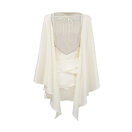 Mattea Mini Dress White Satin Ruffled Shawl Panel Open Back & Thigh - Length