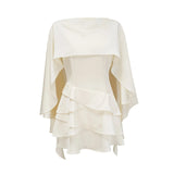 Mattea Mini Dress White Satin Ruffled Shawl Panel Open Back & Thigh - Length