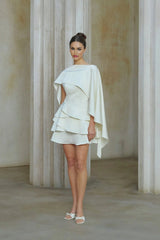 Mattea Mini Dress White Satin Ruffled Shawl Panel Open Back & Thigh - Length