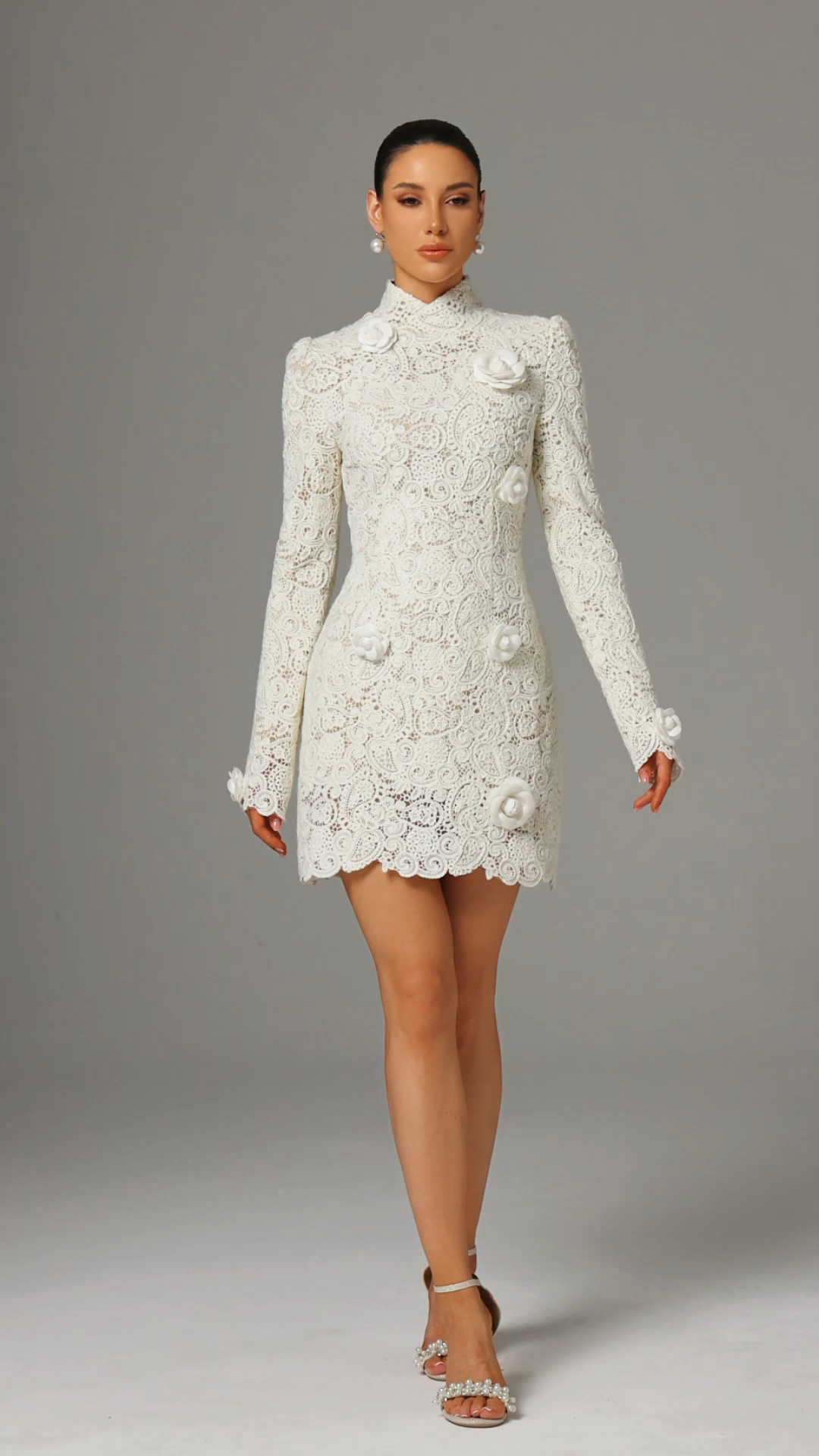 Mattea White Lace Floral Embellished High Neck Bodycon Dress with Long Sleeves and Scalloped Hemline