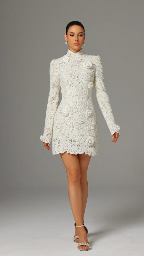 Mattea White Lace Floral Embellished High Neck Bodycon Dress with Long Sleeves and Scalloped Hemline