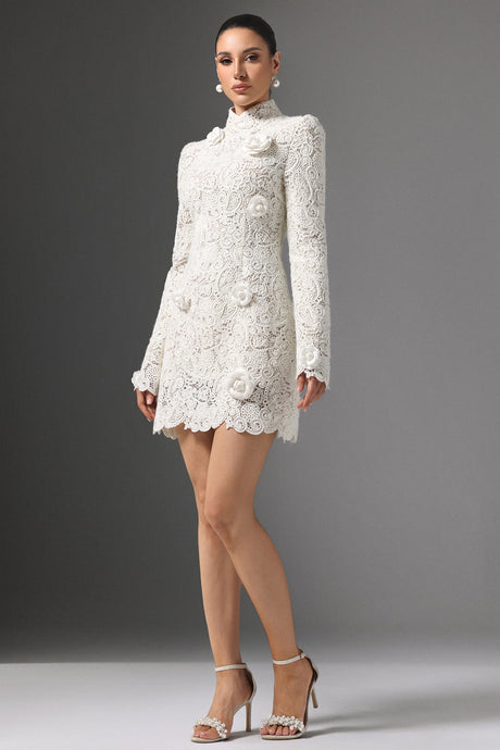 Mattea White Lace Floral Embellished High Neck Long Sleeve Bodycon Dress