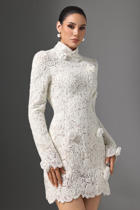 Mattea White Lace Floral Embellished High Neck Long Sleeve Bodycon Dress