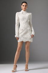 Mattea White Lace Floral Embellishment High Neck Bodycon Dress with Long Sleeves for Formal Occasions