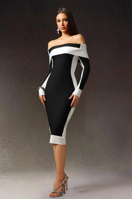 Black Off-The-Shoulder Long Sleeves Stripes Bandage Midi Dress