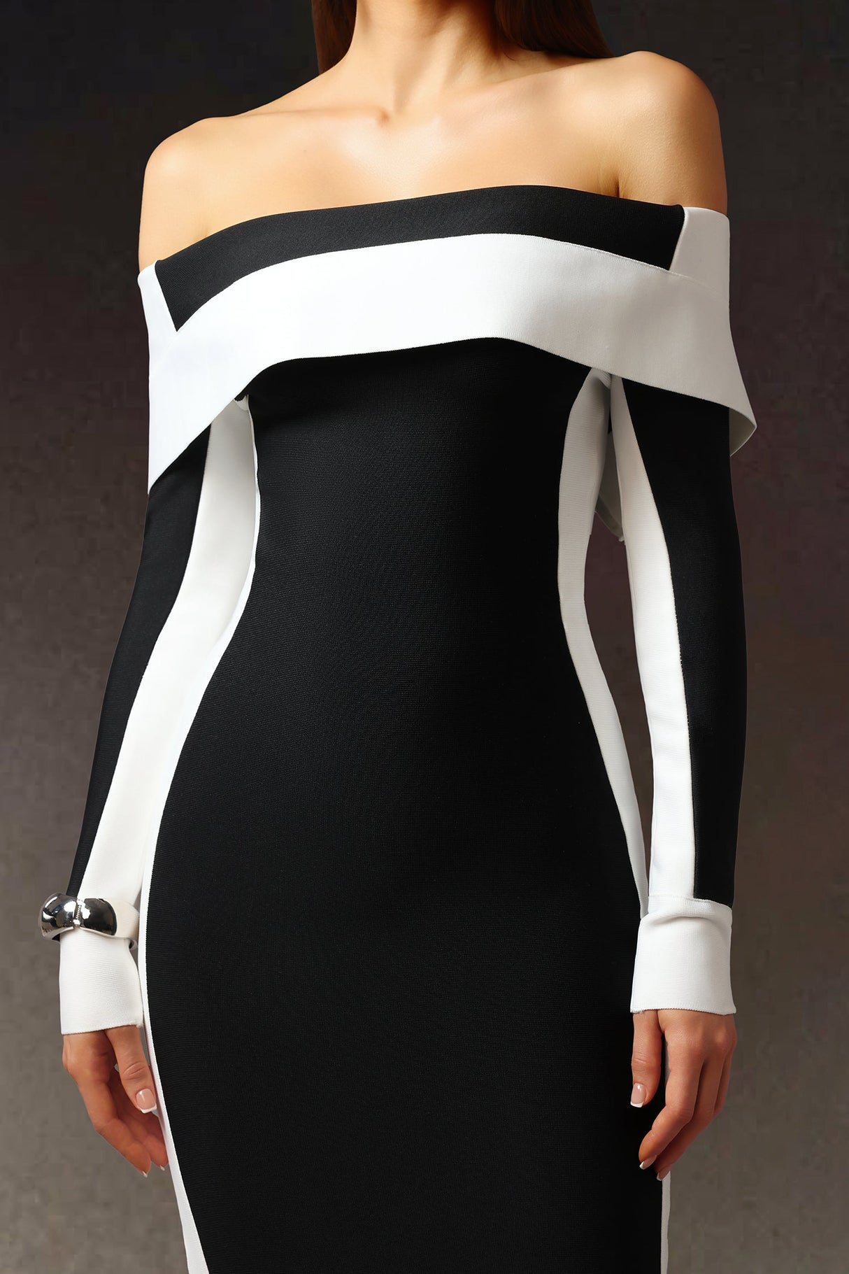 Black Off-The-Shoulder Long Sleeves Stripes Bandage Midi Dress
