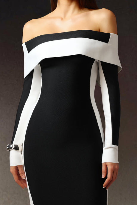 Black Off-The-Shoulder Long Sleeves Stripes Bandage Midi Dress