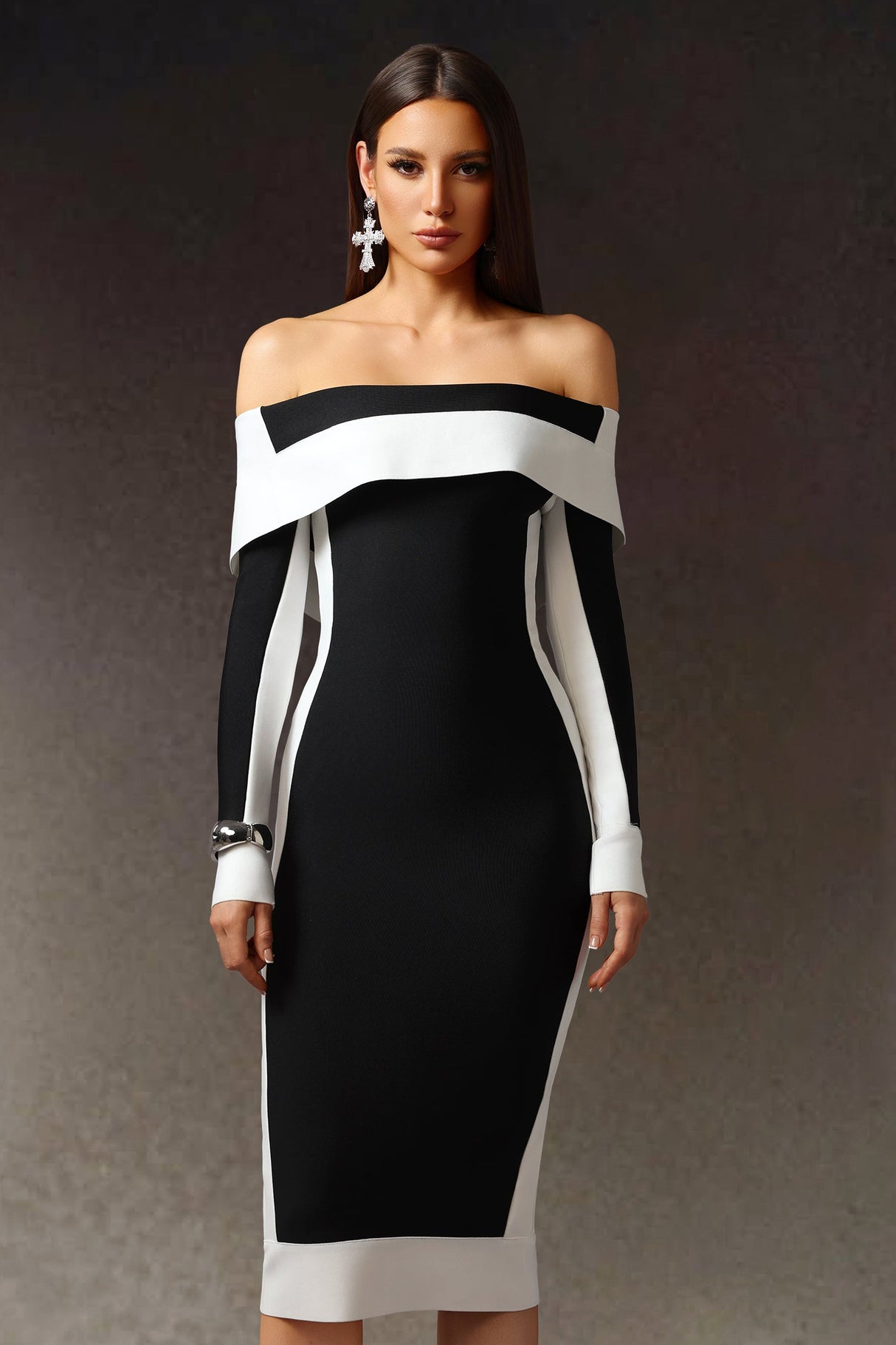 Black Off-The-Shoulder Long Sleeves Stripes Bandage Midi Dress