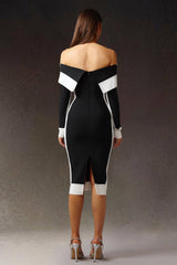 Black Off-The-Shoulder Long Sleeves Stripes Bandage Midi Dress