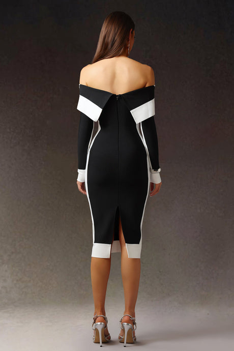 Black Off-The-Shoulder Long Sleeves Stripes Bandage Midi Dress