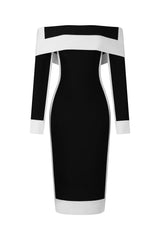 Black Off-The-Shoulder Long Sleeves Stripes Bandage Midi Dress
