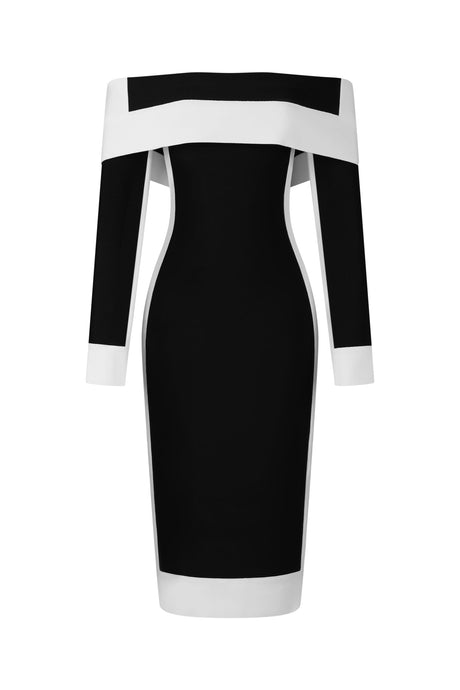 Black Off-The-Shoulder Long Sleeves Stripes Bandage Midi Dress