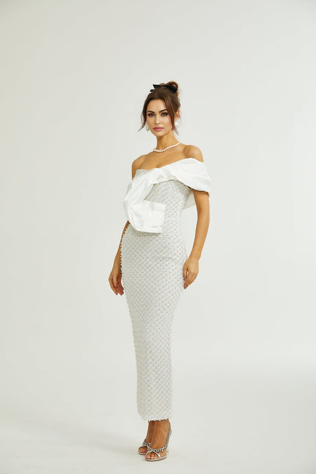 Maura fauxpearl offshoulder dress