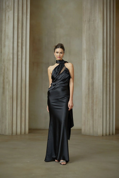 Maureen black ribbondesign satin maxi dress