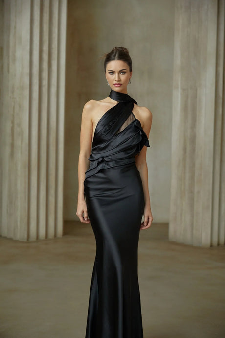 Maureen black ribbondesign satin maxi dress