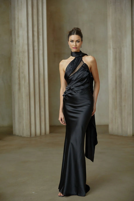 Maureen black ribbondesign satin maxi dress