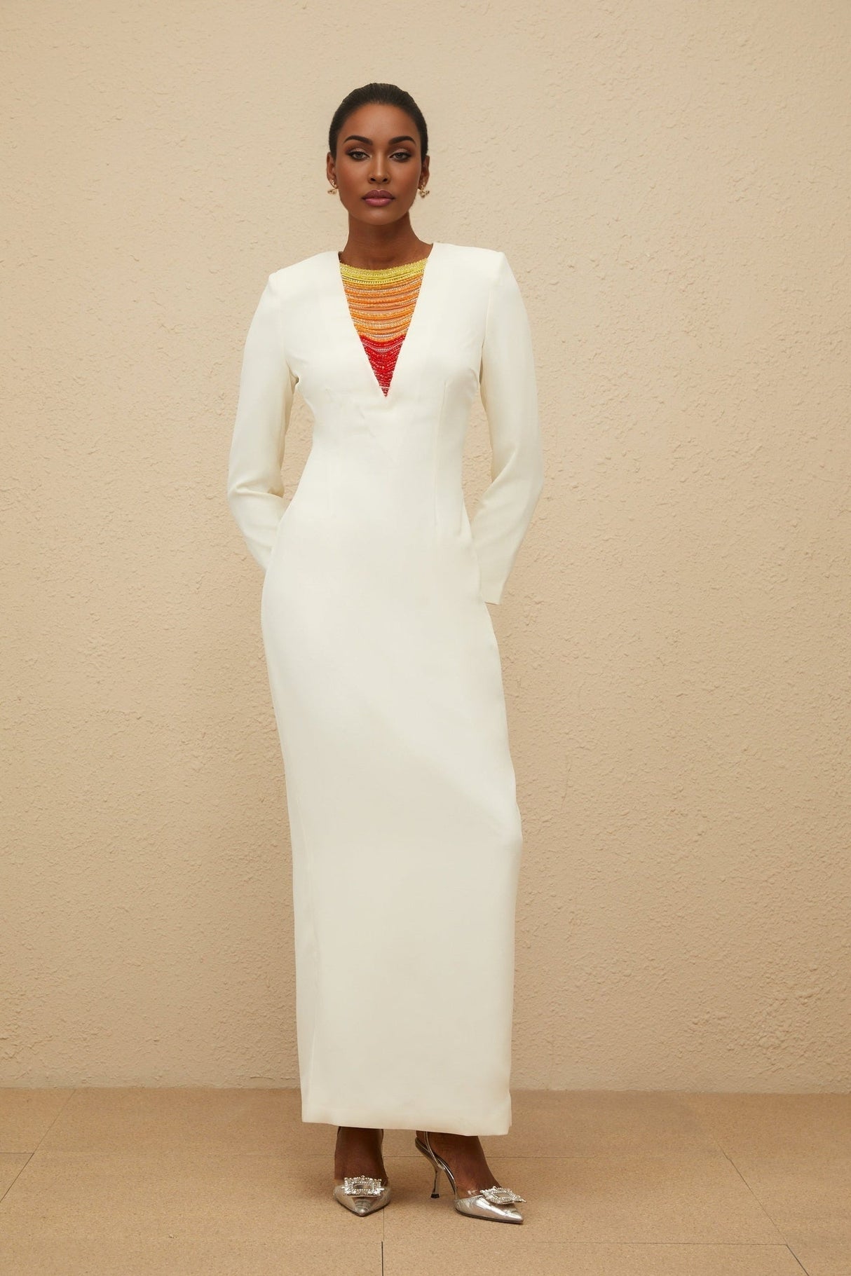 Maxi Dress - Beaded Accent - Multicolor - Long Sleeve - Fitted Waistline