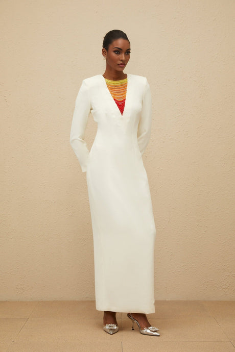 Maxi Dress - Beaded Accent - Multicolor - Long Sleeve - Fitted Waistline