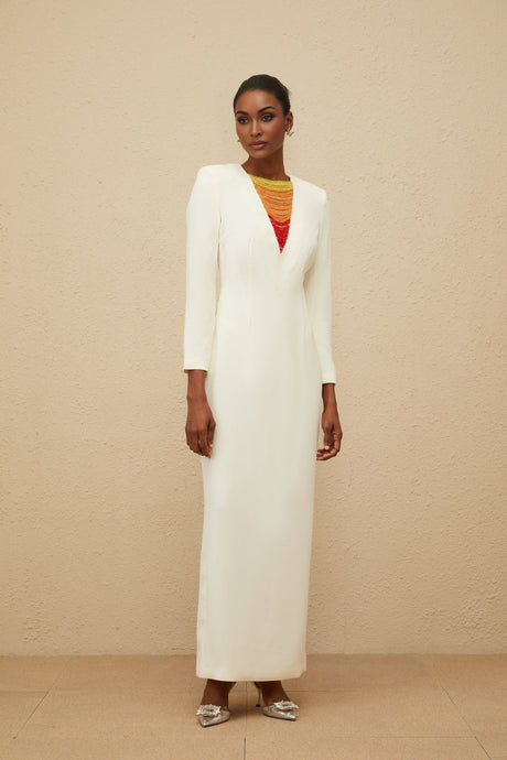 Maxi Dress - Beaded Accent - Multicolor - Long Sleeve - Fitted Waistline