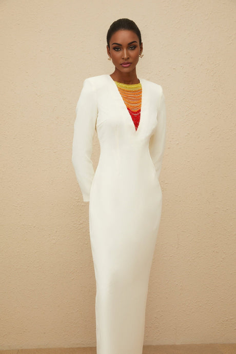 Maxi Dress - Beaded Accent - Multicolor - Long Sleeve - Fitted Waistline
