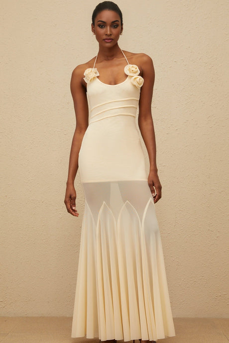 Maxi Dress - halter neck - Sleeveless - Mesh Fabric - Godet Design