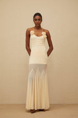 Maxi Dress - halter neck - Sleeveless - Mesh Fabric - Godet Design