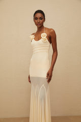 Maxi Dress - halter neck - Sleeveless - Mesh Fabric - Godet Design