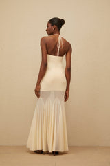 Maxi Dress - halter neck - Sleeveless - Mesh Fabric - Godet Design