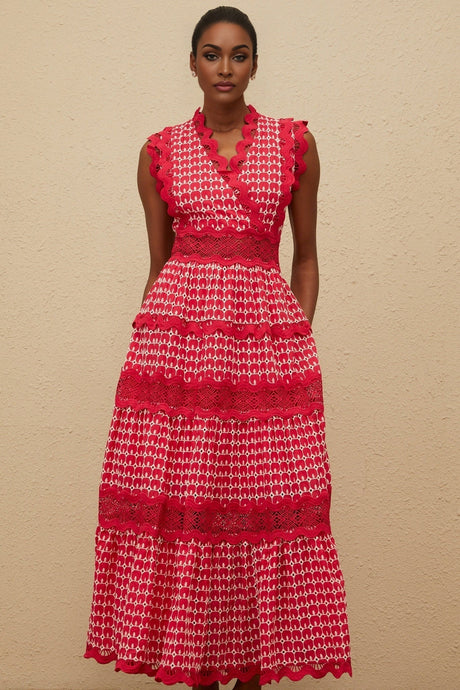 Maxi Dress - Red Lace Panel Layered Scallop Trim