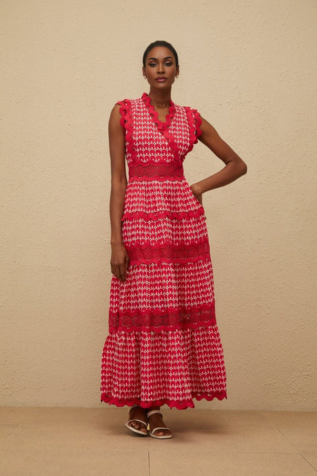 Maxi Dress - Red Lace Panel Layered Scallop Trim