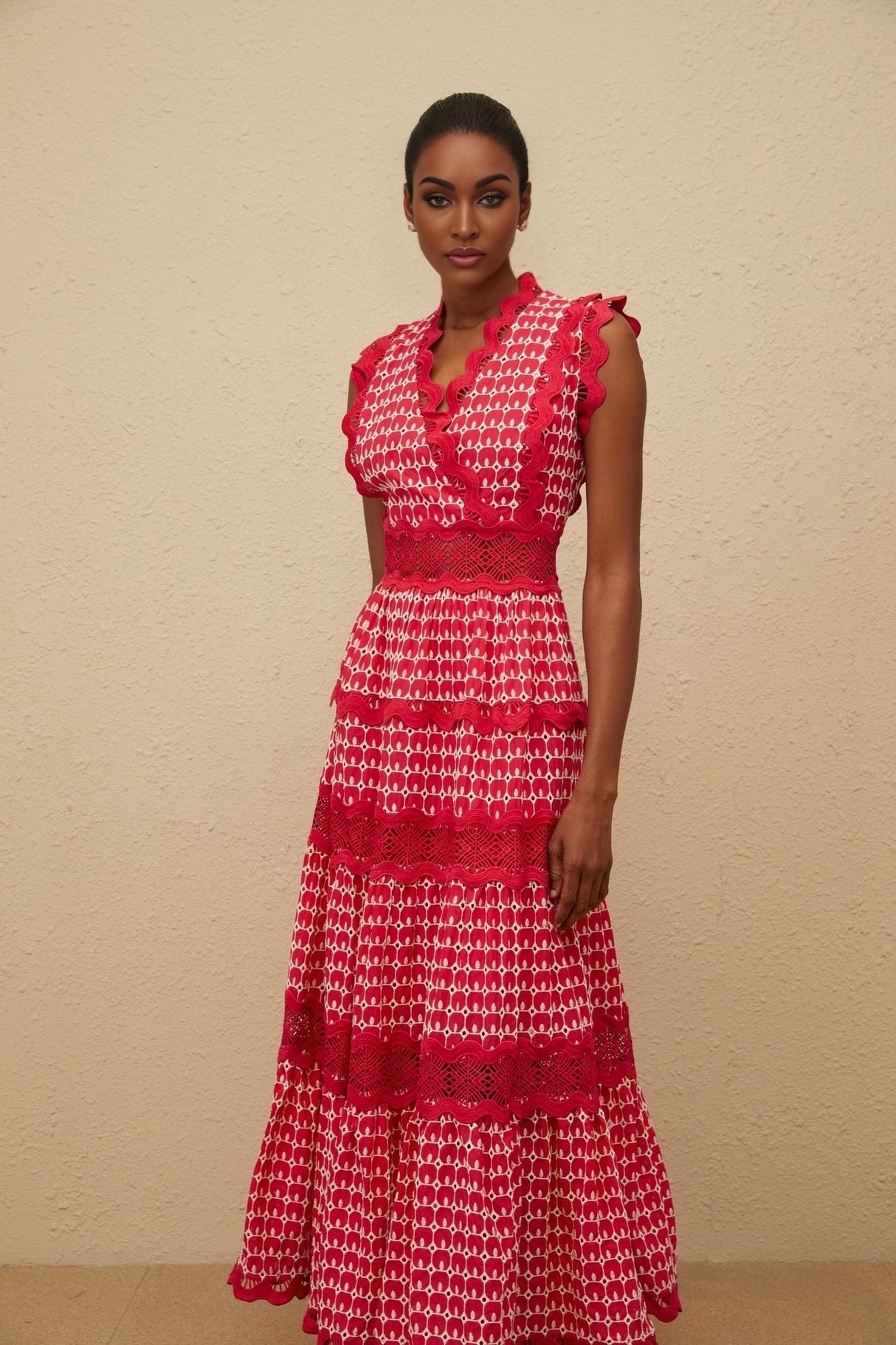 Maxi Dress - Red Lace Panel Layered Scallop Trim