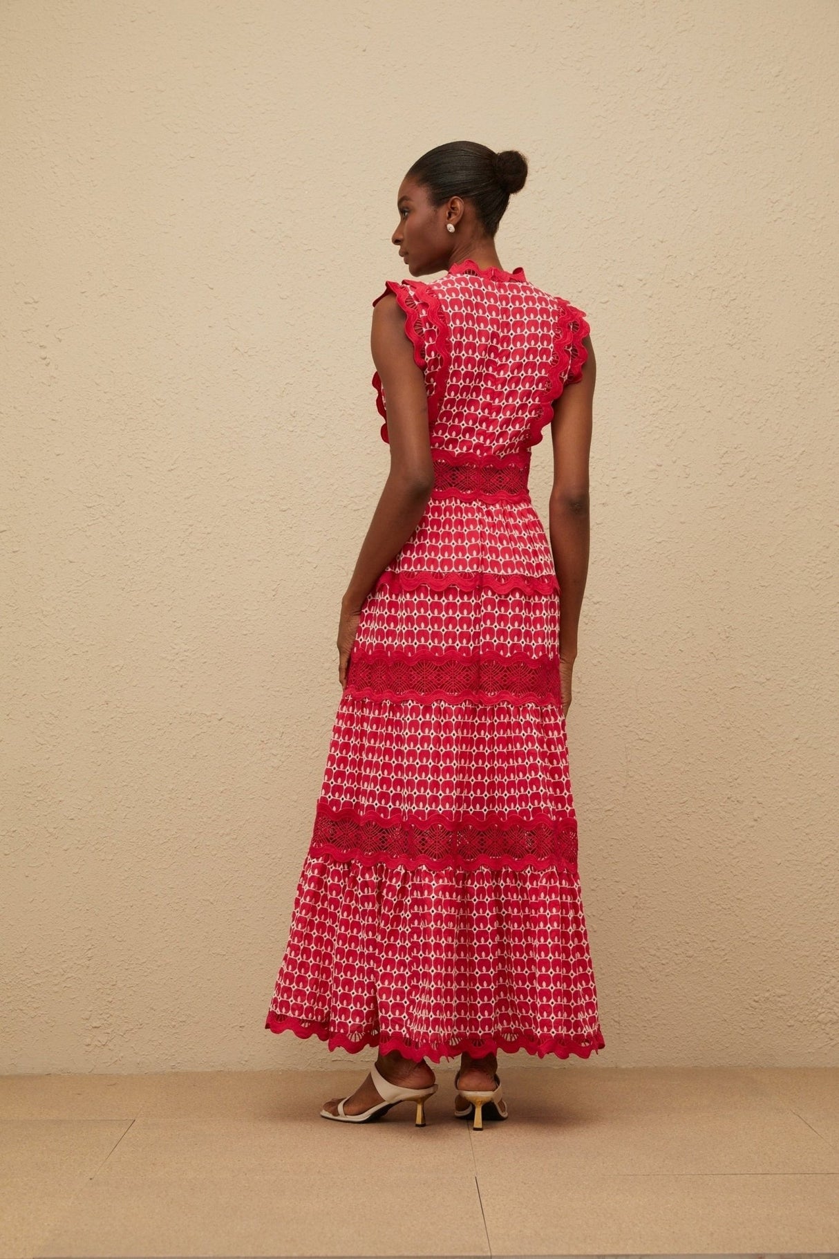 Maxi Dress - Red Lace Panel Layered Scallop Trim