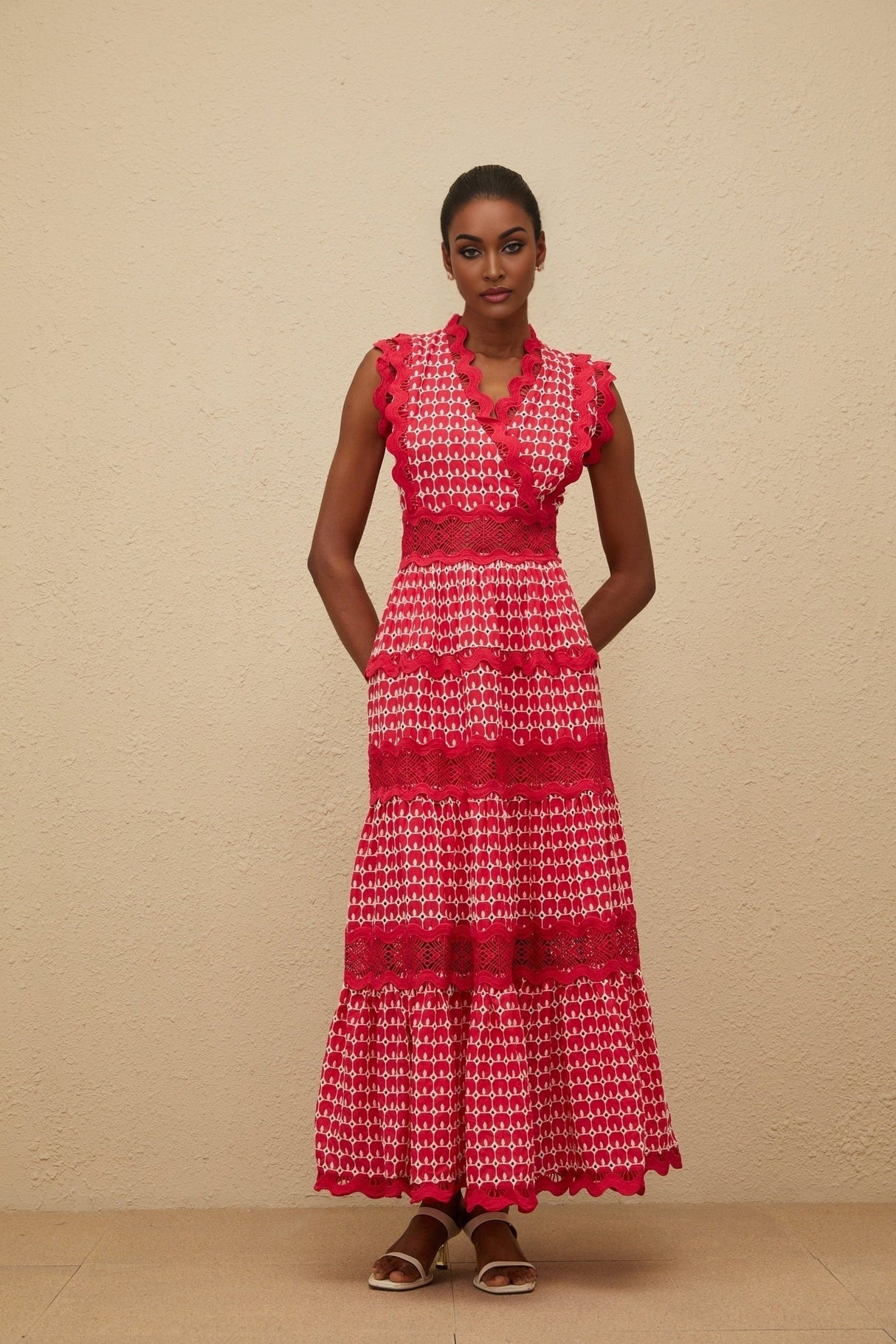 Maxi Dress - Red Lace Panel Layered Scallop Trim