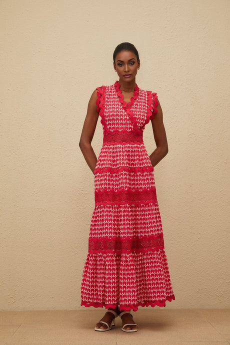 Maxi Dress - Red Lace Panel Layered Scallop Trim