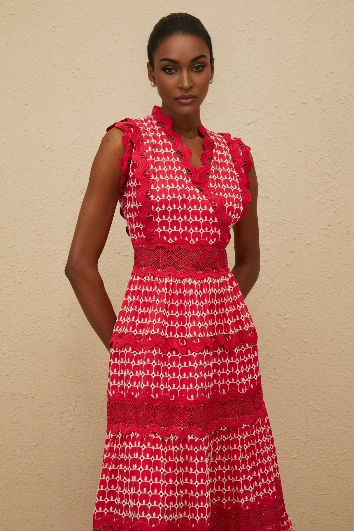 Maxi Dress - Red Lace Panel Layered Scallop Trim