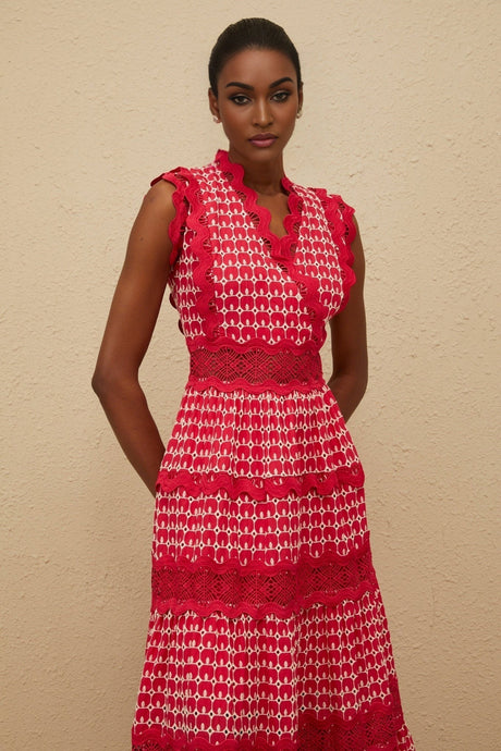 Maxi Dress - Red Lace Panel Layered Scallop Trim