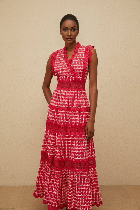 Maxi Dress - Red Lace Panel Layered Scallop Trim