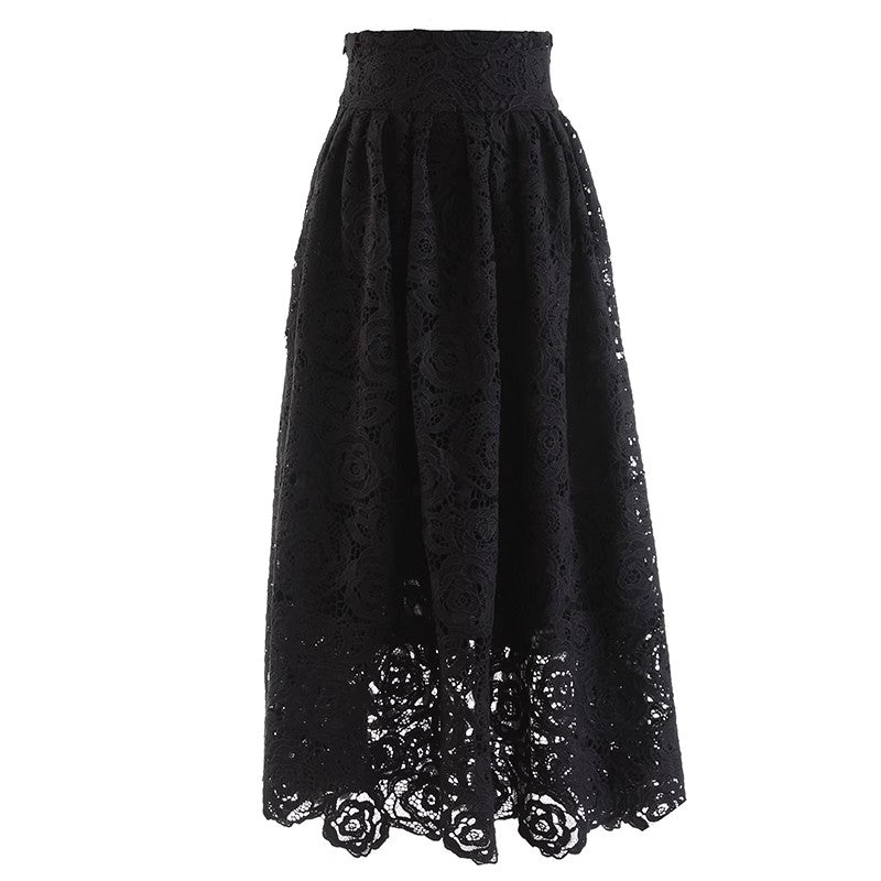 Maxi Lace Skirt - Flowing Flared Silhouette - Elegant Floral Pattern - High - Waisted Fit - Delicate Lace Trim - Versatile Style