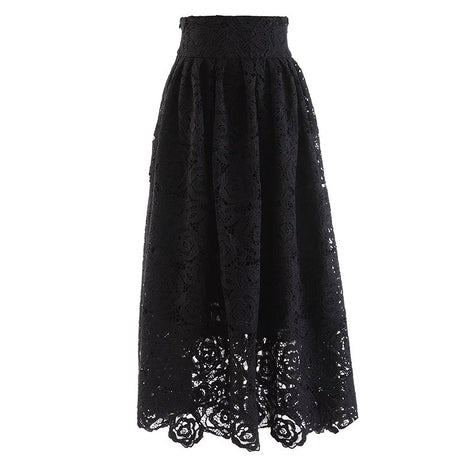 Maxi Lace Skirt - Flowing Flared Silhouette - Elegant Floral Pattern - High - Waisted Fit - Delicate Lace Trim - Versatile Style