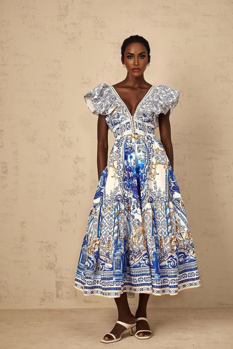 Maya Midi Dress Blue Baroque Print Ruffled Tiered Open Back